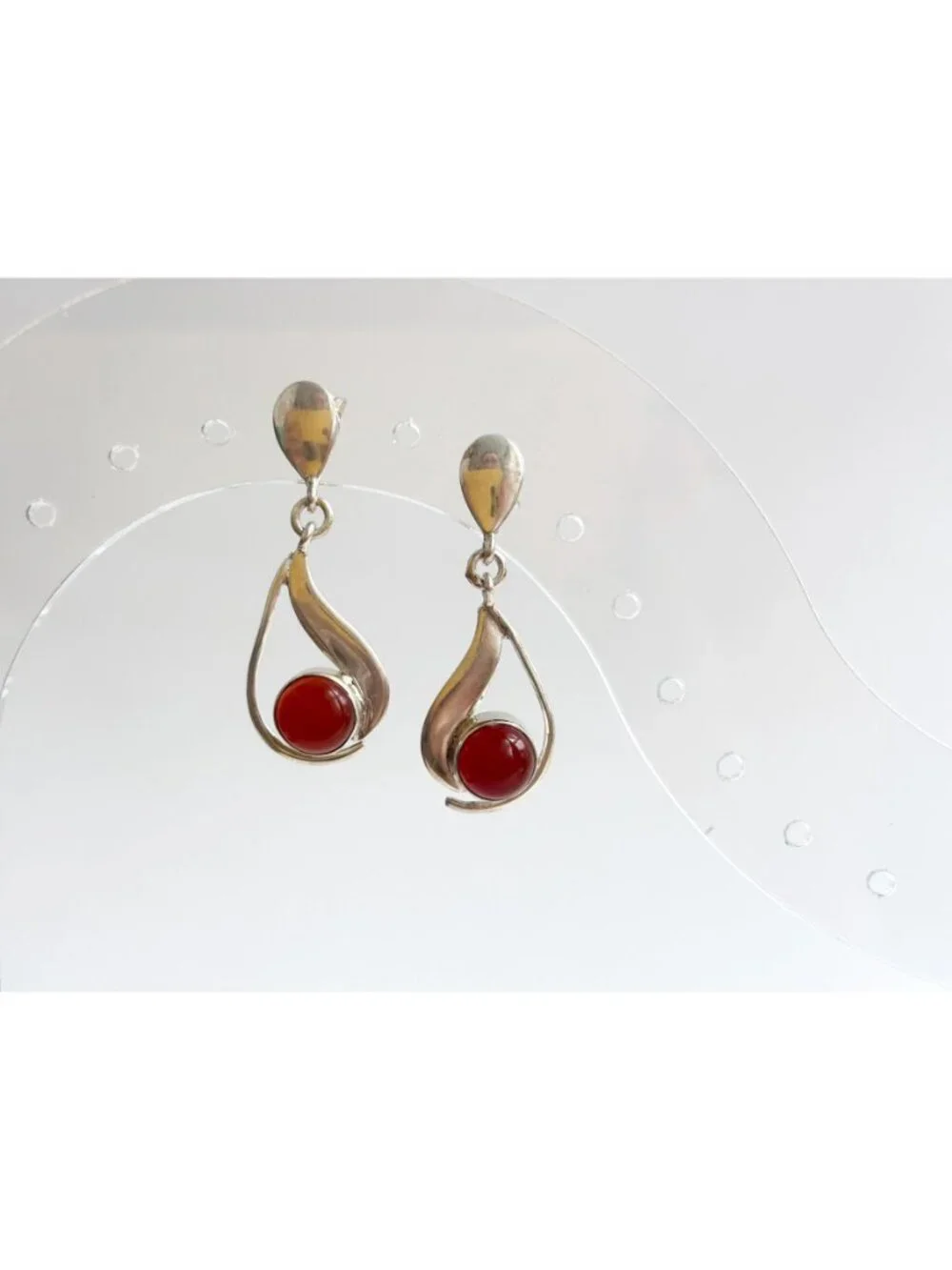 Carnelian Stone Midcentury Modern Stylized Vintage Sterling Silver 925 Earrings